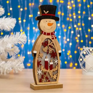 Светеща Дървена Фигурка - Снежен човек | jumbo-catalog.bg