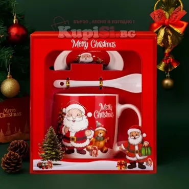 Коледен комплект чаша с лъжичка и чинийка | jumbo-catalog.bg