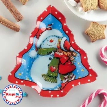 Коледно стъклено плато - Елхичка със Снежко