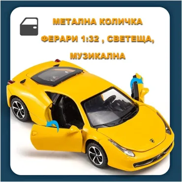 Метална кола Ферари, Отварящи се врати, Светеща, Музикална, 1:32