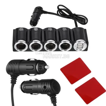 Разклонител-зарядно за запалка на автомобил или камион с 4 гнезда и USB