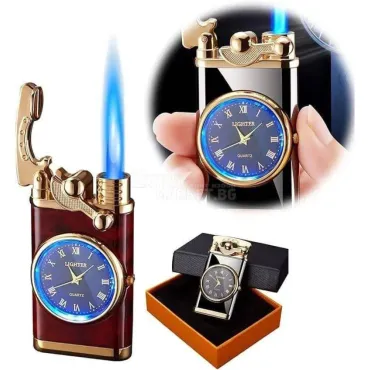 Луксозна Газова Запалка 2-в-1 с Кварцов Часовник и LED Подсветка