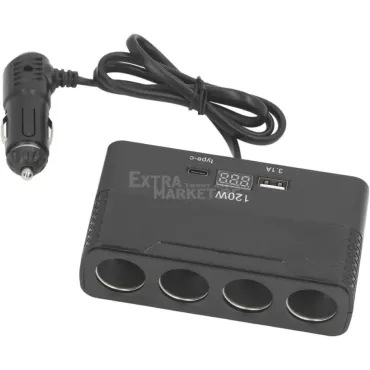 Четворен Разклонител-Гнезда за Запалка в Автомобил USB 120W