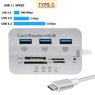 7 в 1 USB Хъб 3.0/3.1 (Type C) в комбинация с четец за карти MS/ M2/ SD/ TF